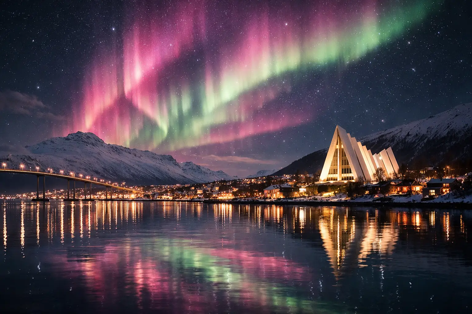 Tromsø beneath the northern lights, surrounded by sea and mountains
